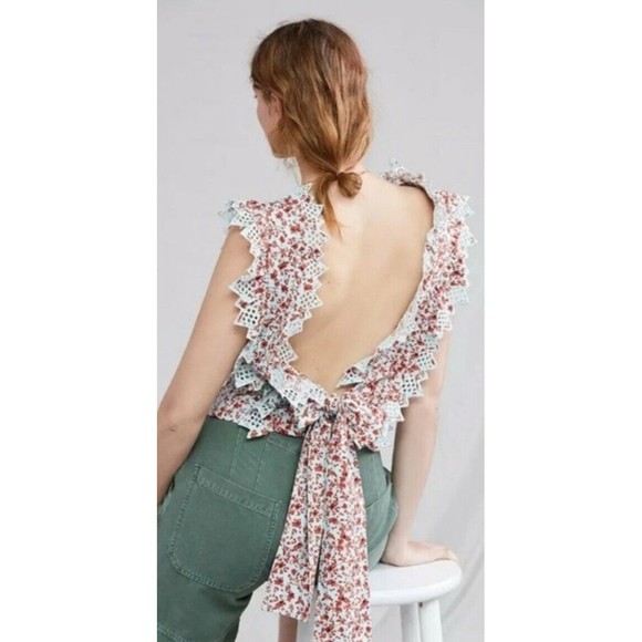 Anthropologie Blue Tassel Women Floral Cotton Trina Bow Blouse Top Size XL NEW - Picture 2 of 10
